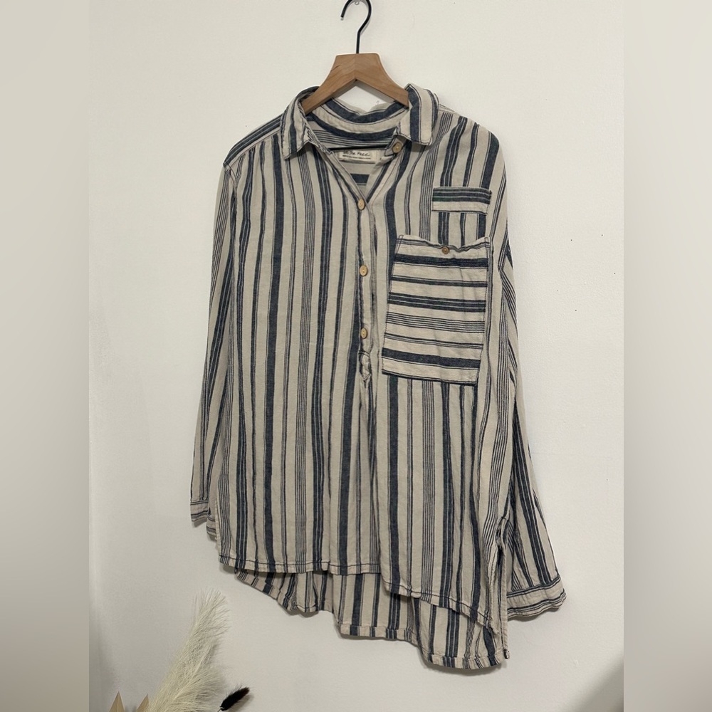 Free people cream and blue stripped shirt